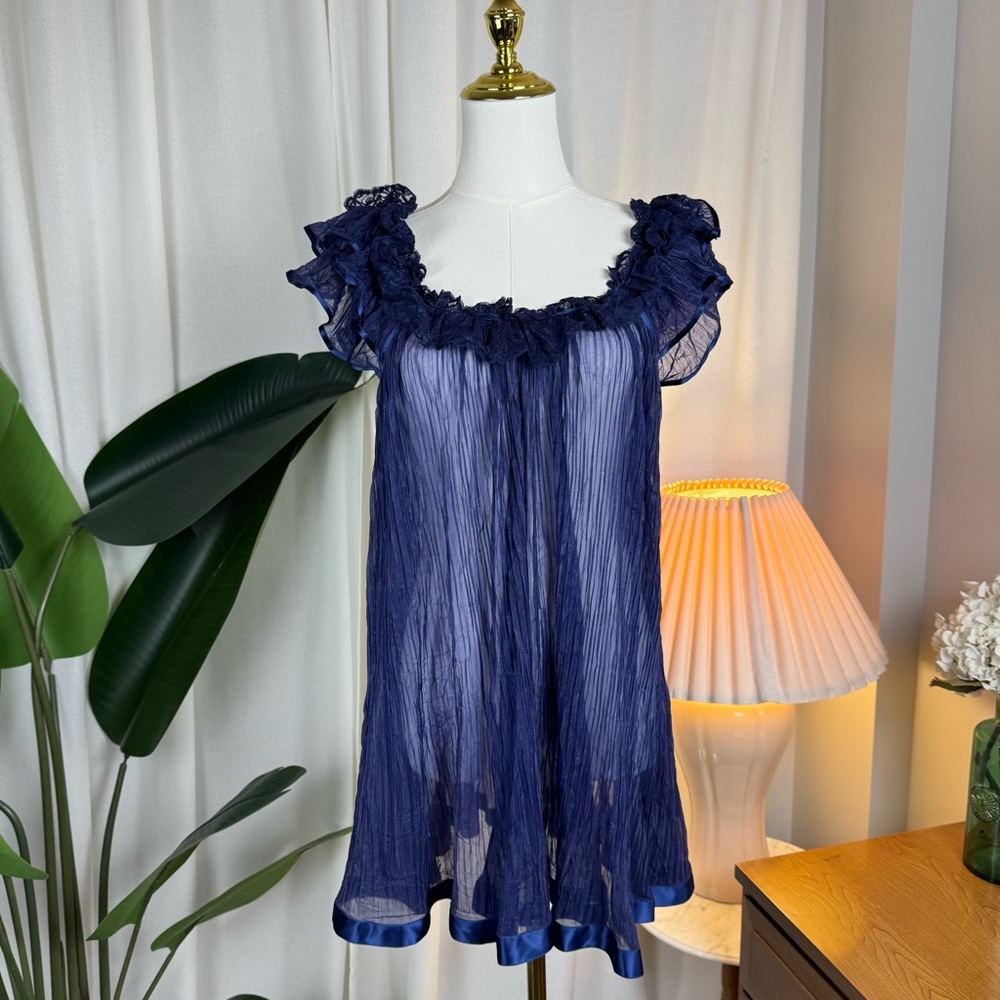 Vintage 70s Italian Babydoll Peignoir by Long Line w/ Ruffle Lace Satin Trim S/M